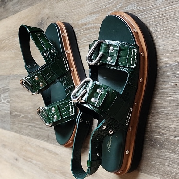 Shoes - PHILLIP LIM Green Croc-Embossed Sandals with Buckles